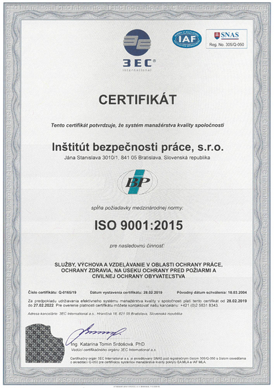 Certifikát medzinárodná norma ISO 9001 : 2015
